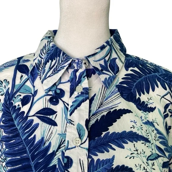 Talbots Cotton Blue & White Fern Print Button Down Shirt Polka Dot Cuff (Size S) - Picture 3 of 10